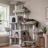 Hey-brother Cat Tree Tower, Scratching Posts with a Extended Part, Wide Platforms, Cozy Condos, Hammocks, Sisal Columns and Ball for Indoor Cats, 70.1 Inches, Light Gray MPJ038W