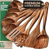 Wooden Spoons for Cooking – 10 Pcs Teak Wood Utensil Set, Durable, Nonstick Safe & Heat Resistant with Ergonomic Handles