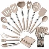 HOTEC 446°F Heat Resistant Silicone Kitchen Utensils, Cooking Utensil Set, Spatula Set, BPA Free, Kitchen Gadgets, With Stainless Steel Utensils Holder, Dishwasher Safe 14pcs Khaki