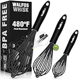 Walfos Silicone Whisk,Stainless Steel Wire Whisk Set of 3 -Heat Resistant 480°F Kitchen Whisks for Non-stick Cookware,Balloon Egg Beater Perfect for Blending,Whisking,Beating,Frothing & Stirring,Black